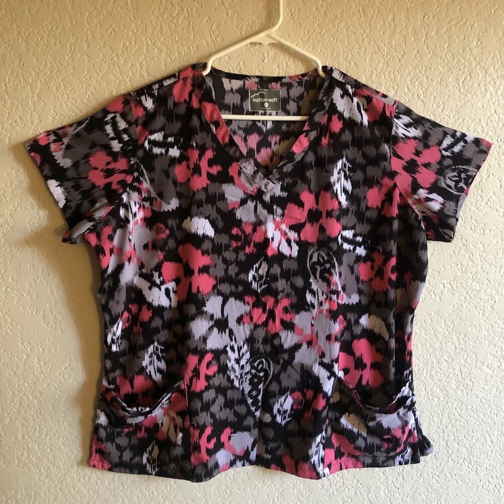 Butter Soft Womens Pink Black Gray V-Neck Abstract Scrub Top Size XL
